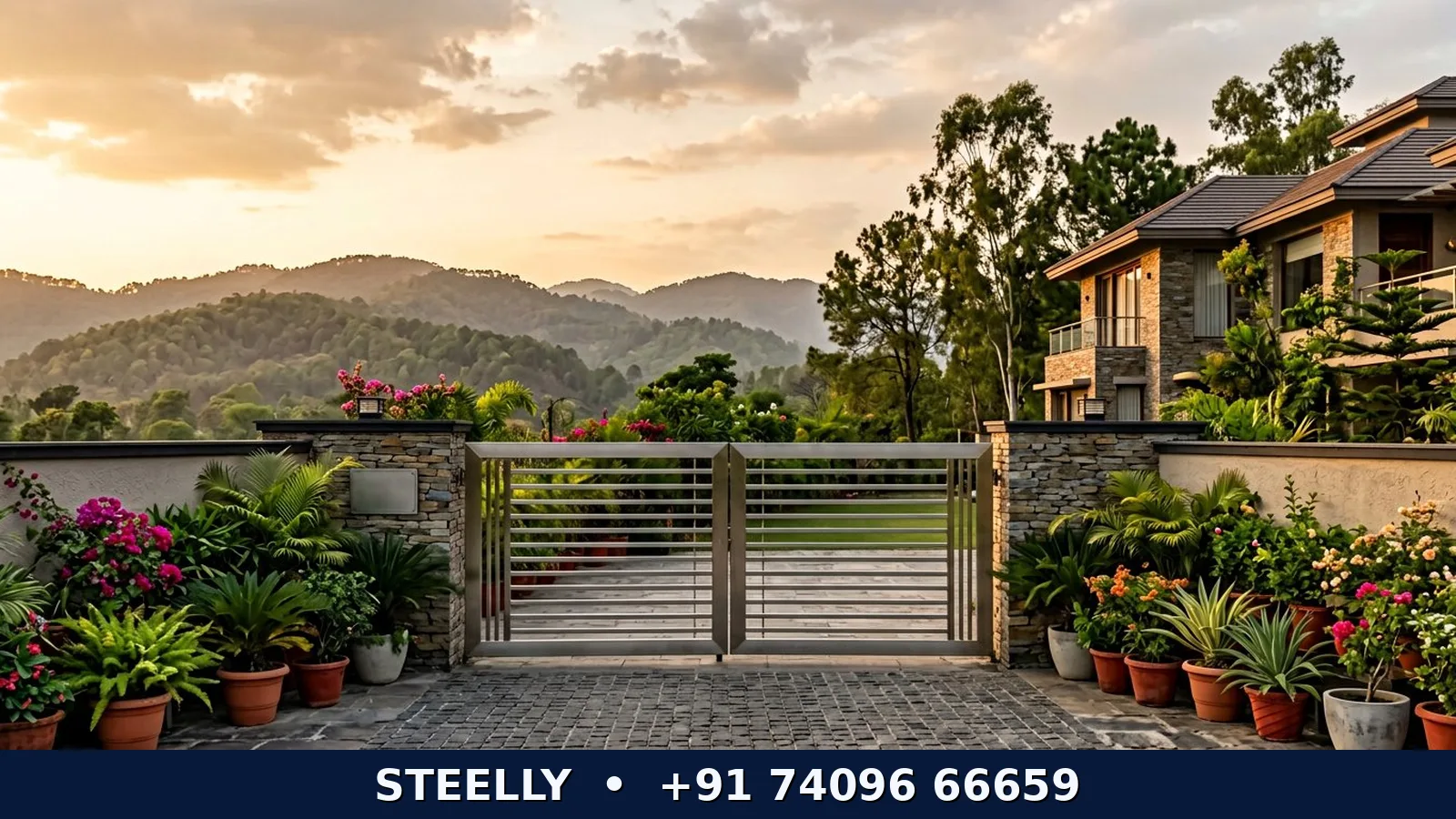 Stainless steel main gate at a Dehradun home entrance with vastu-friendly clean design