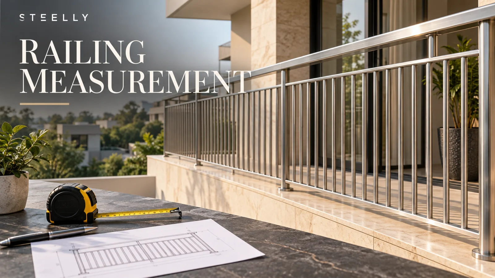 Illustration of stainless steel balcony railing with measuring tape for running feet measurement