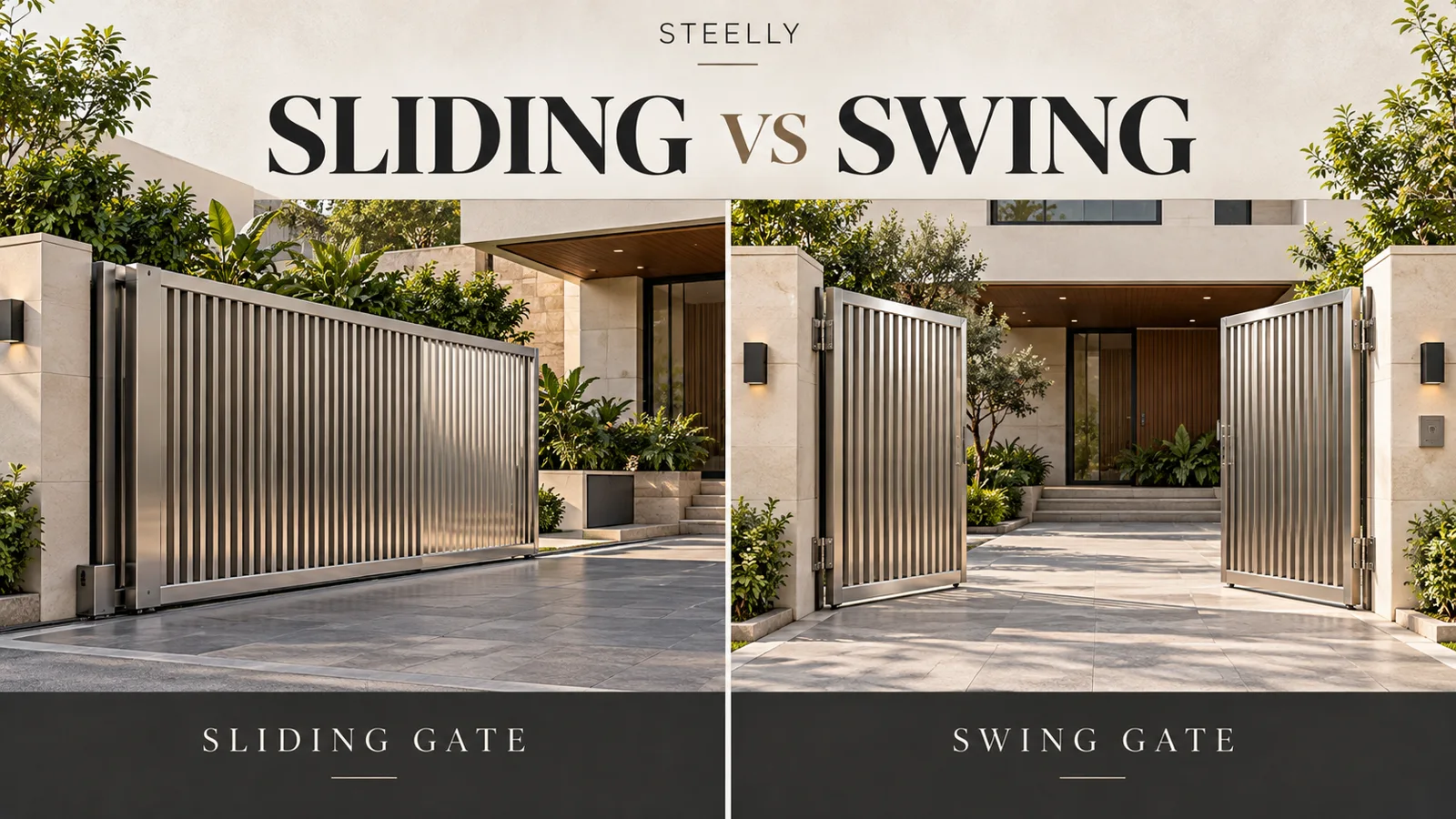 Illustration comparing a sliding stainless steel gate and an inward-opening double swing gate