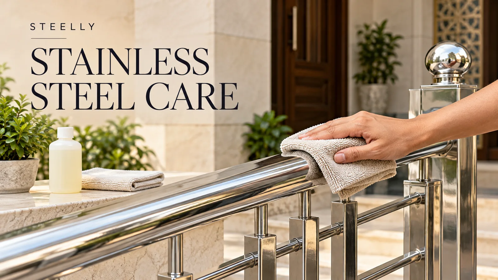 Illustration of gently wiping a stainless steel railing with a soft microfiber cloth