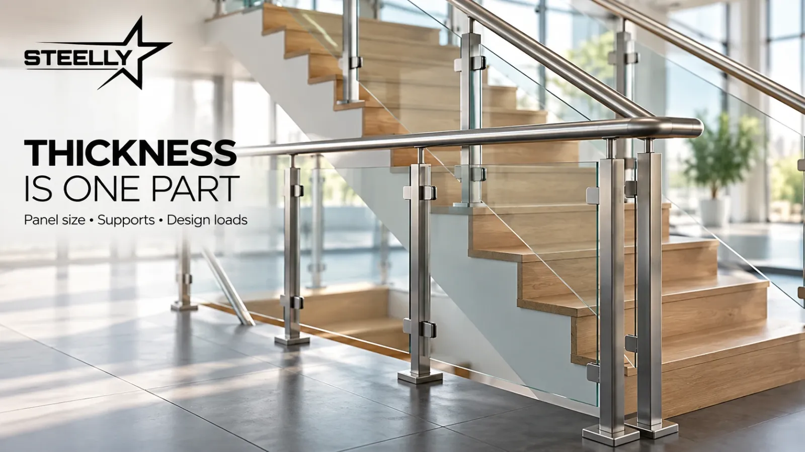 Staircase glass railing with metal posts, clamps and handrail illustrating support-system checks