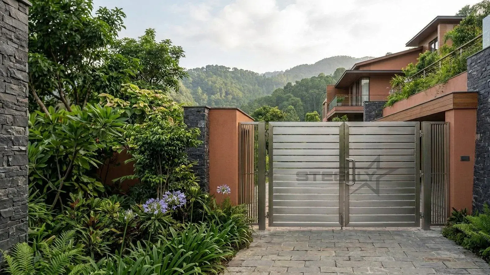 Brushed stainless steel main gate on a hillside home
