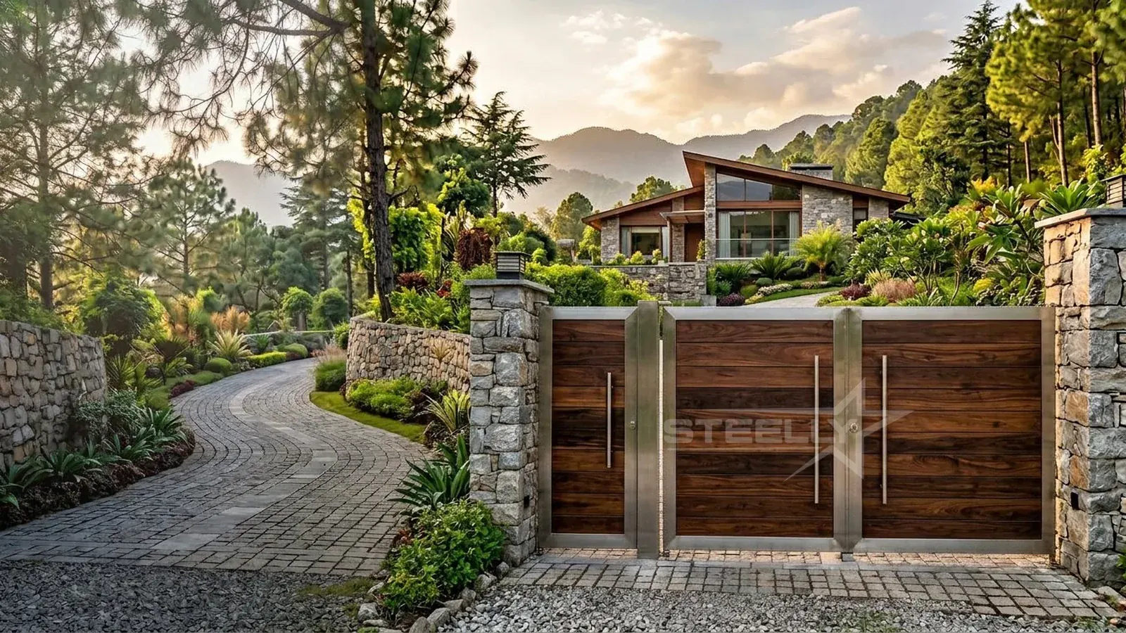 Wood-panel and stainless steel main gate on a hillside driveway