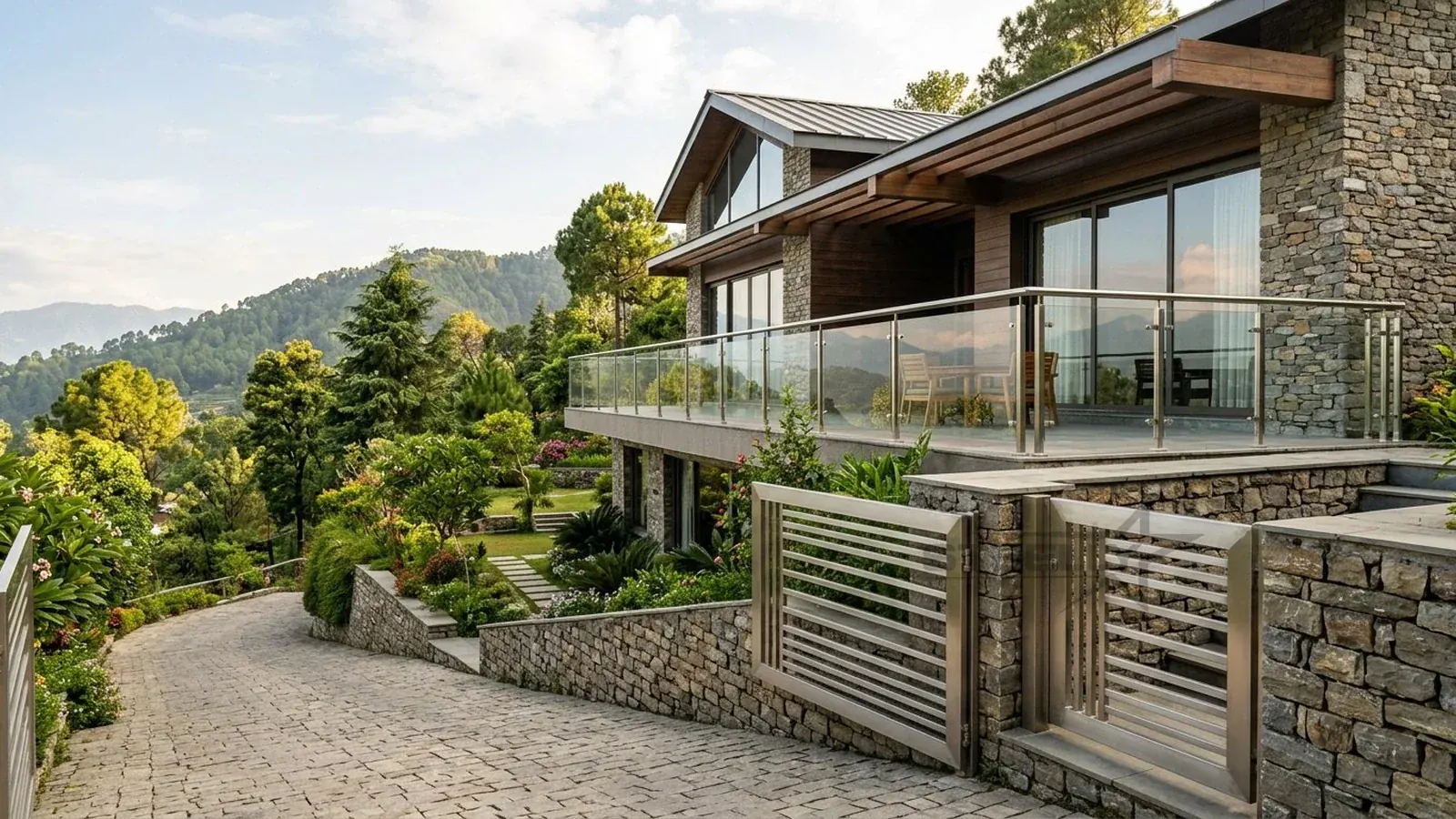 Glass and stainless steel balcony railing on a hill home