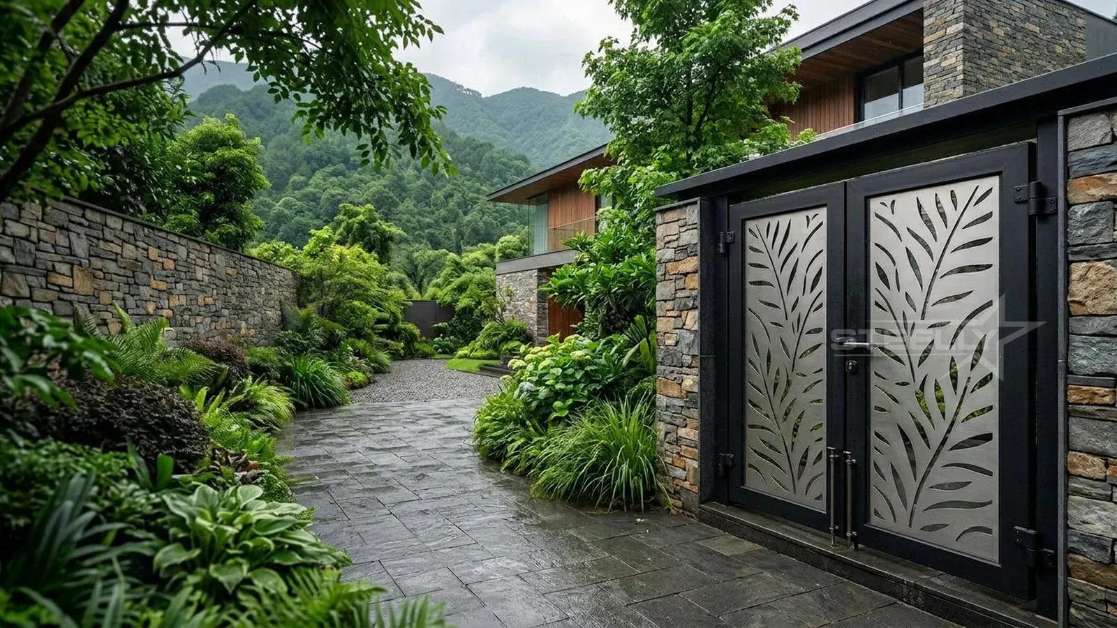 Matte black gate with laser-cut leaf panels