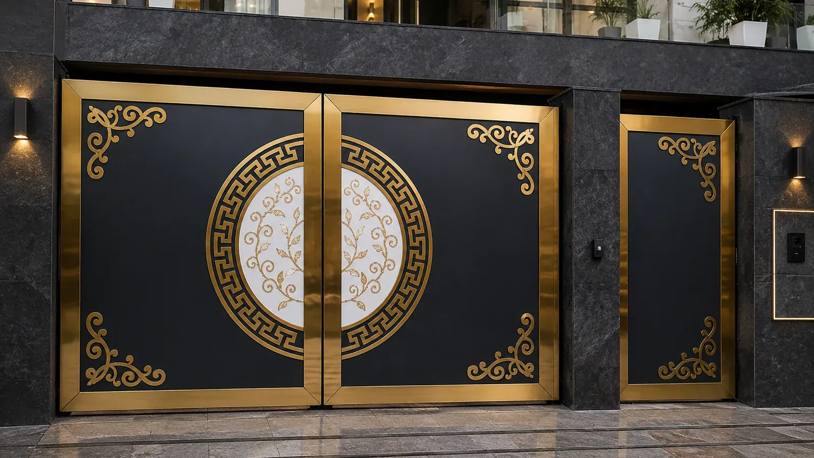 Black and gold PVD-finish gate with decorative panels