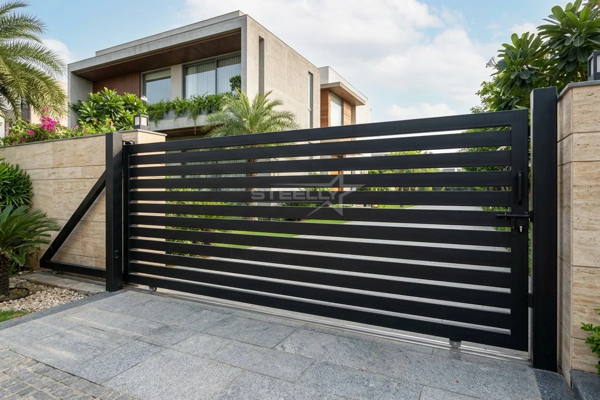 Black powder coated stainless steel gate in Dehradun by STEELLY – photo 1