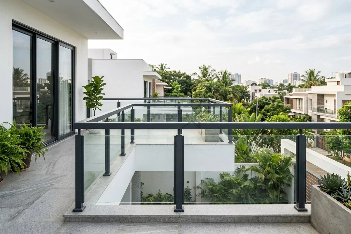 Aluminium glass railing project installed in Dehradun by STEELLY – photo 1