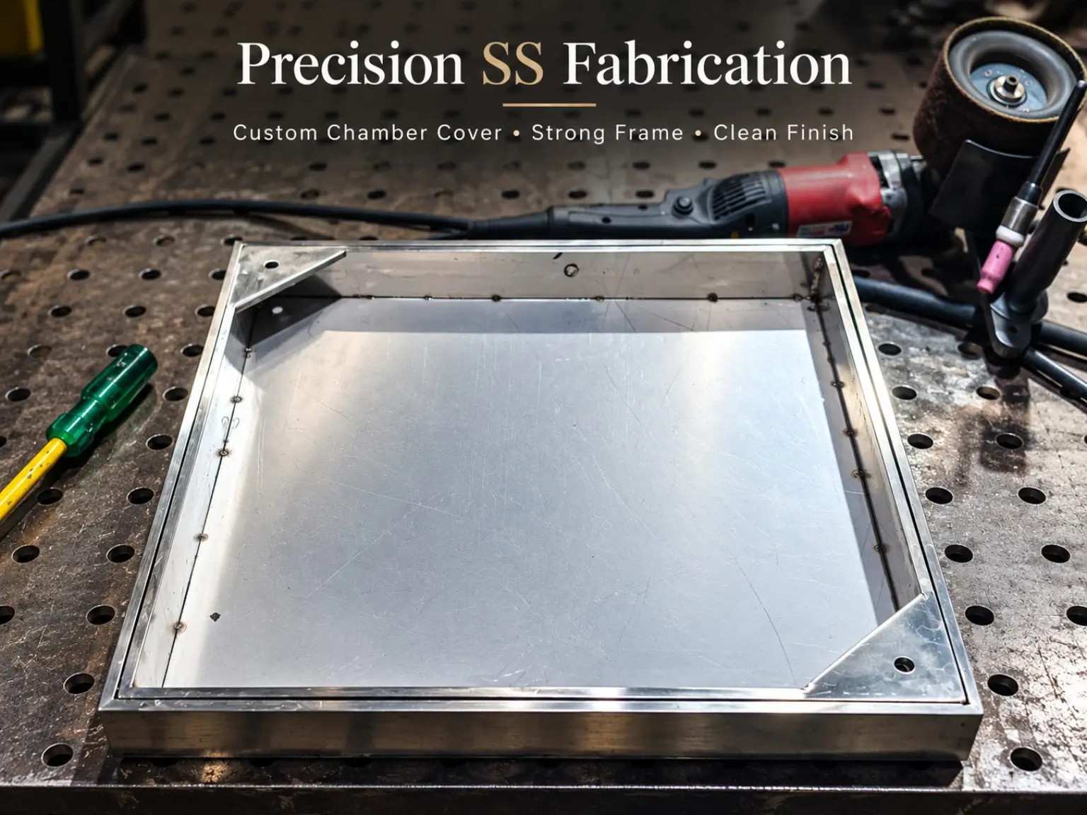 Stainless steel chamber cover tray being fabricated with corner plates in STEELLY workshop, Dehradun